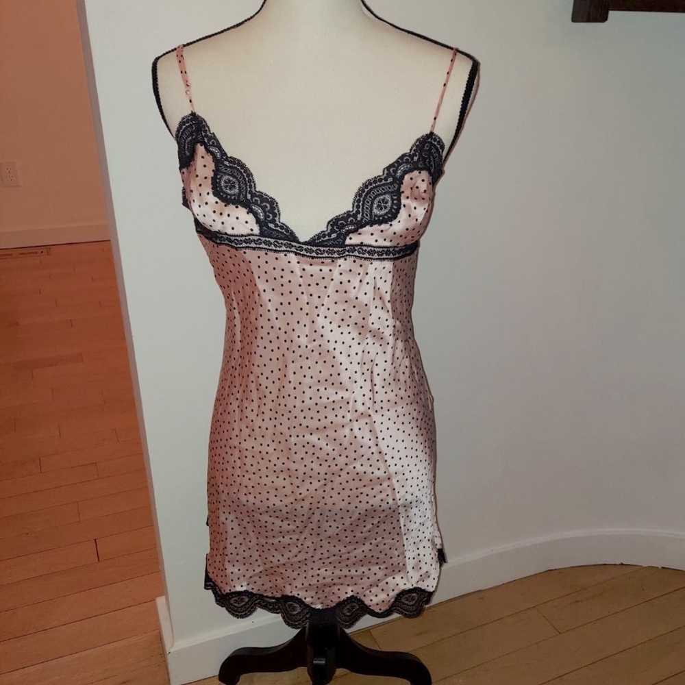 VS silky pink  slip dress with black lace and polka dots